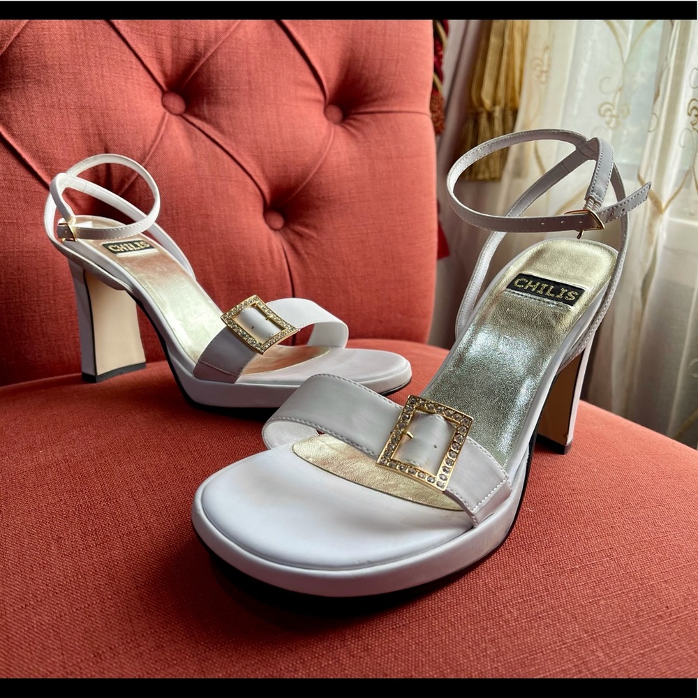 Bridal White Ankle Strap Heels Rhinestone Buckle 8